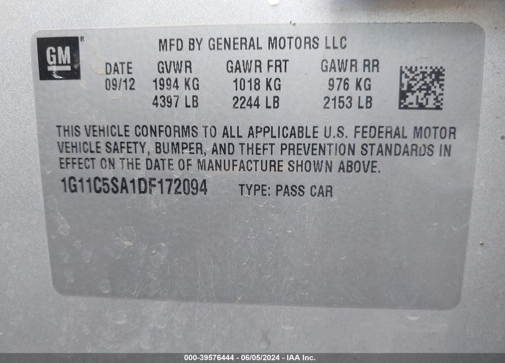 2013 CHEVROLET MALIBU 1LT VIN: 1G11C5SA1DF172094