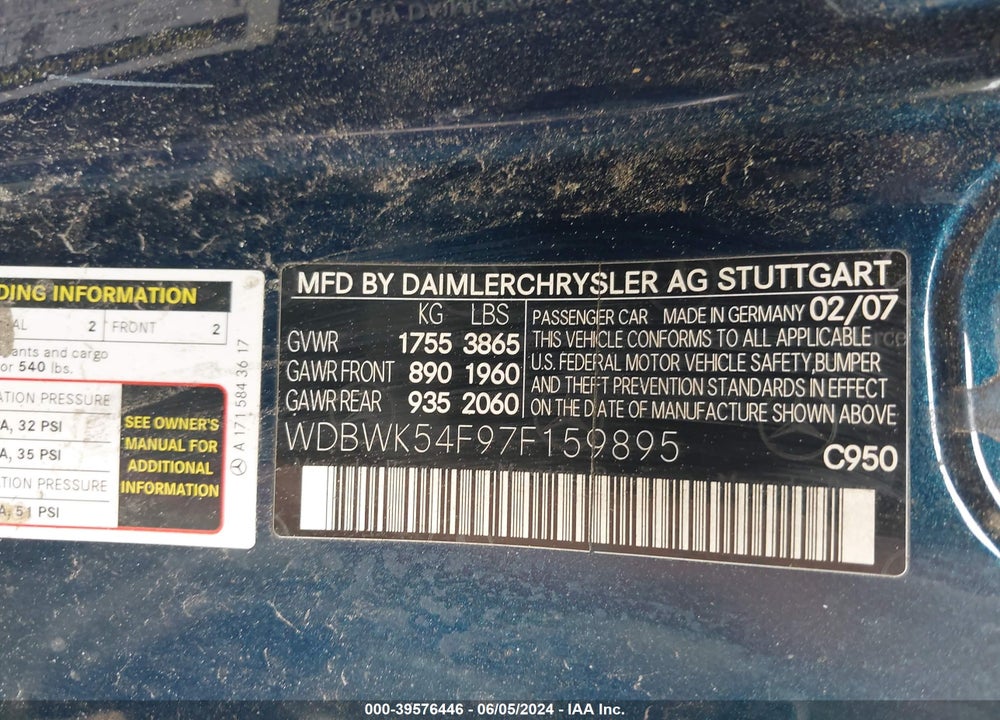 2007 MERCEDES-BENZ SLK 280 VIN: WDBWK54F97F159895