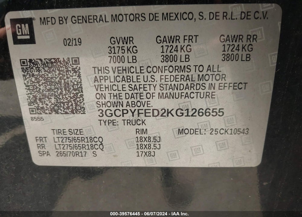 2019 CHEVROLET SILVERADO 1500 LT TRAIL BOSS VIN: 3GCPYFED2KG126655