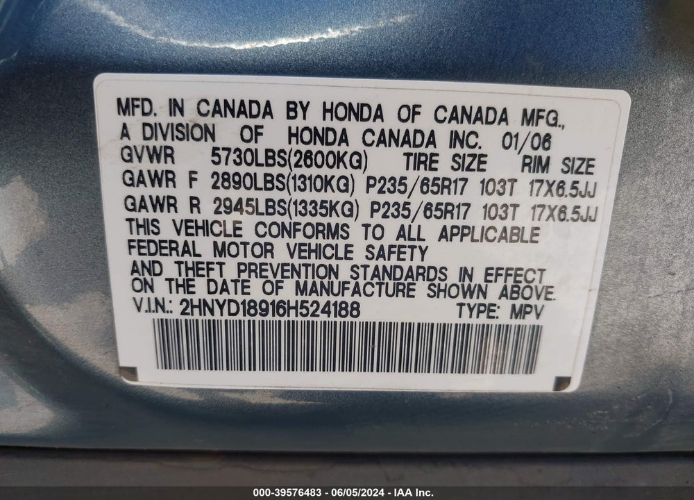 2006 ACURA MDX VIN: 2HNYD18916H524188