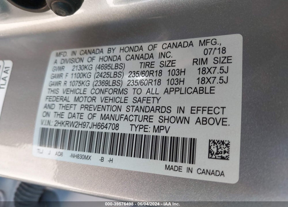 2018 HONDA CR-V TOURING VIN: 2HKRW2H97JH664708