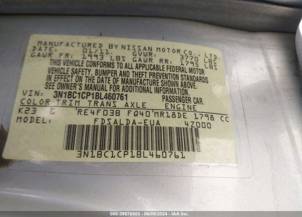 2011 NISSAN VERSA 1.8S VIN: 3N1BC1CP1BL460761