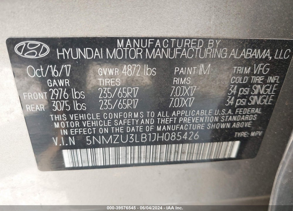 2018 HYUNDAI SANTA FE SPORT 2.4L VIN: 5NMZU3LB1JH085426
