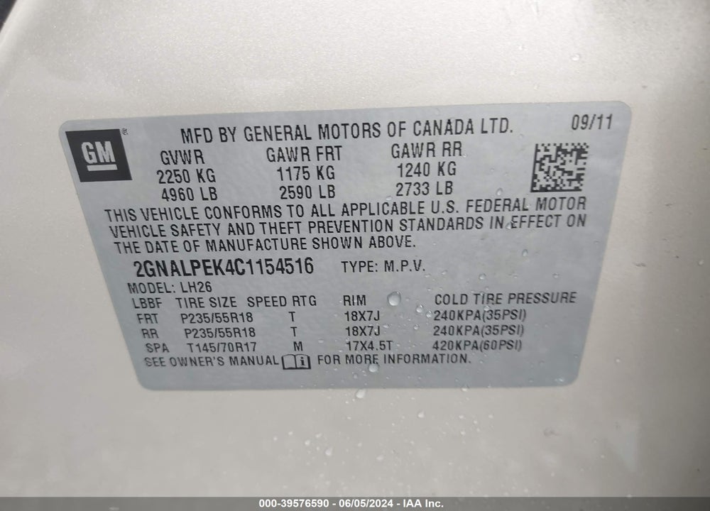 2012 CHEVROLET EQUINOX 2LT VIN: 2GNALPEK4C1154516