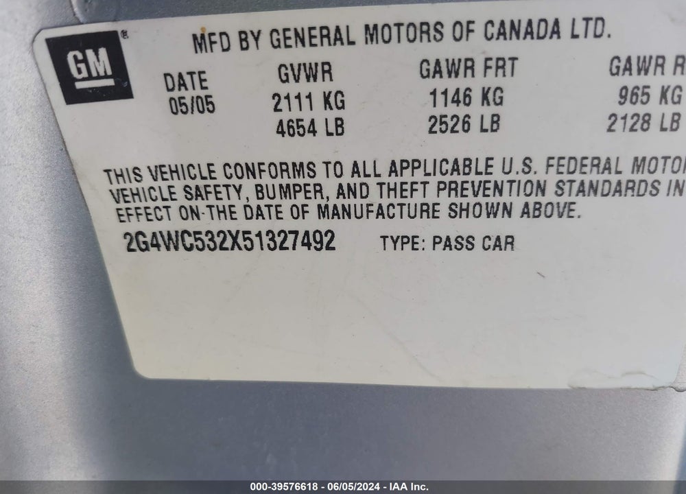 2005 BUICK LACROSSE CX VIN: 2G4WC532X51327492