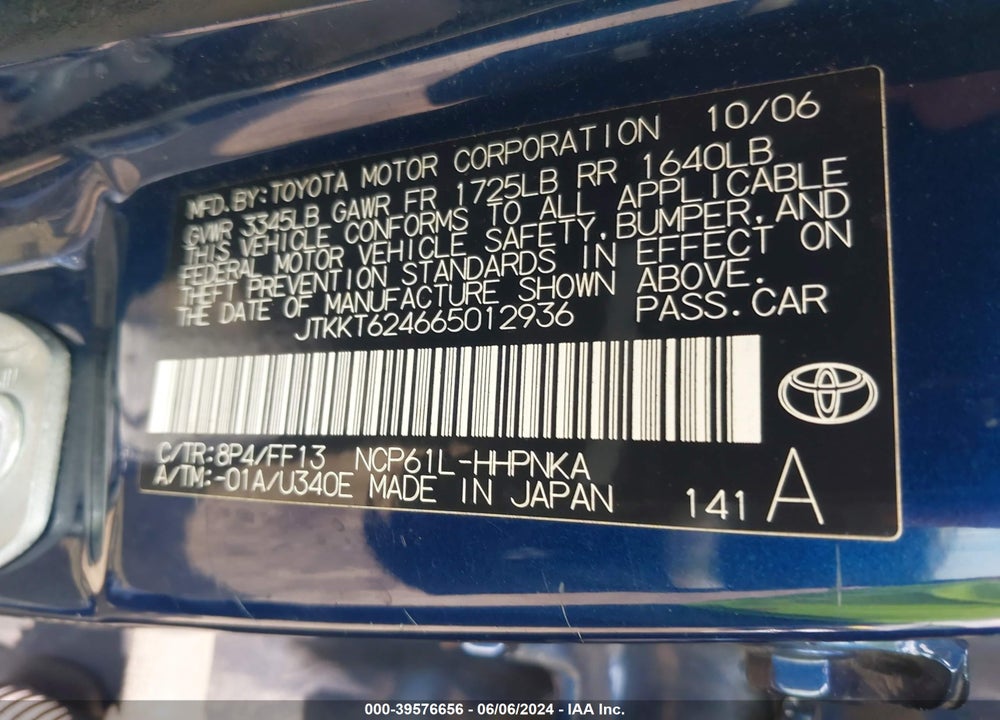 2006 SCION XA VIN: JTKKT624665012936