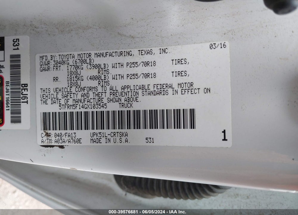 2016 TOYOTA TUNDRA SR 4.6L V8 VIN: 5TFRM5F14GX103545
