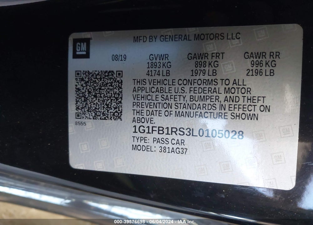 2020 CHEVROLET CAMARO RWD 1LT VIN: 1G1FB1RS3L0105028