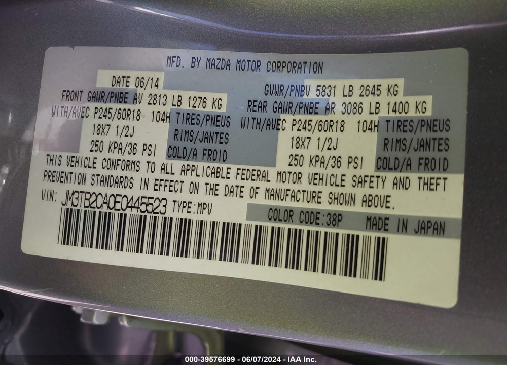 2014 MAZDA CX-9 TOURING VIN: JM3TB2CA0E0445523