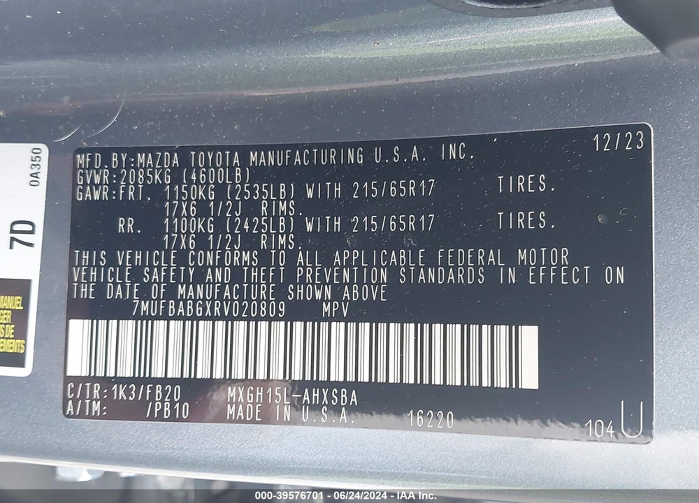 2024 TOYOTA COROLLA CROSS HYBRID SE VIN: 7MUFBABGXRV020809