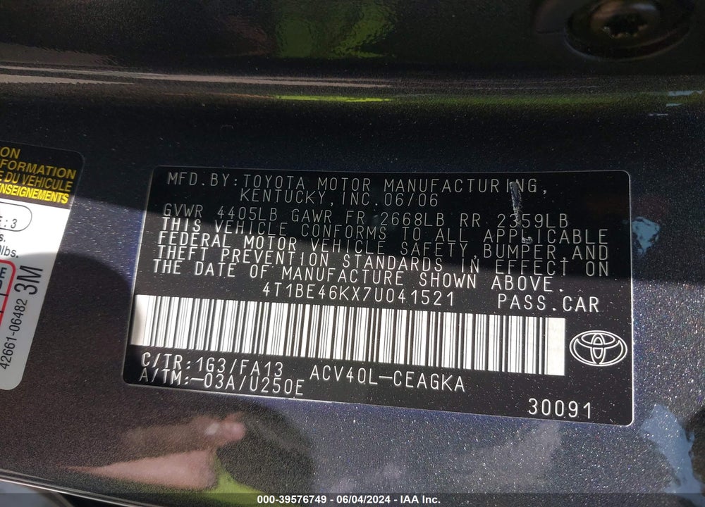 2007 TOYOTA CAMRY XLE VIN: 4T1BE46KX7U041521