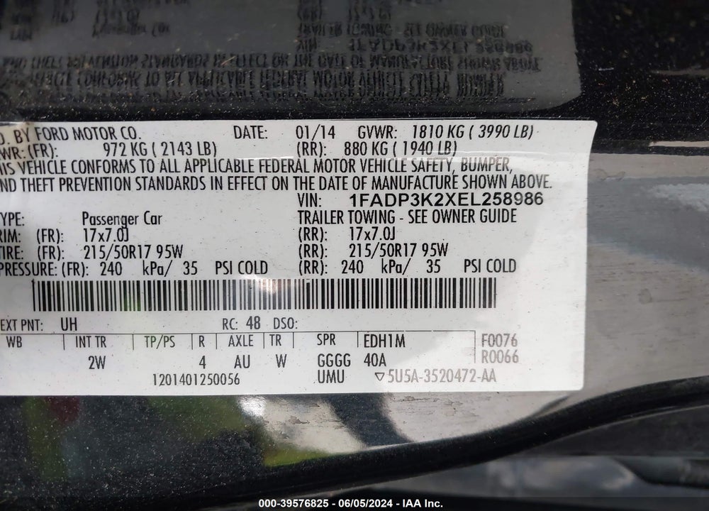 2014 FORD FOCUS SE VIN: 1FADP3K2XEL258986