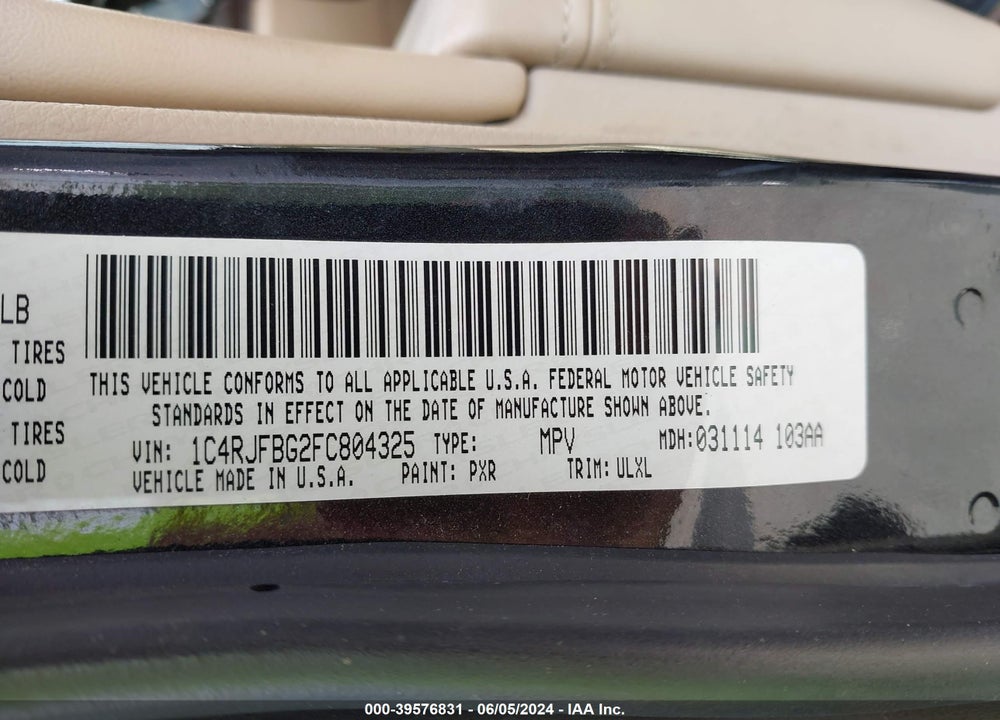 2015 JEEP GRAND CHEROKEE LIMITED VIN: 1C4RJFBG2FC804325