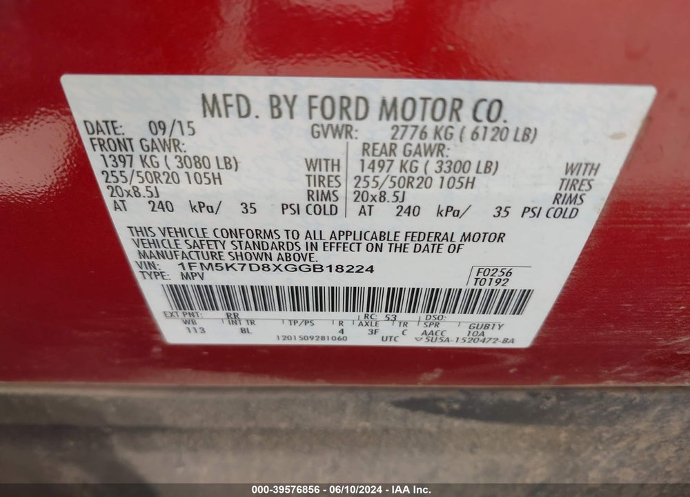 2016 FORD EXPLORER XLT VIN: 1FM5K7D8XGGB18224