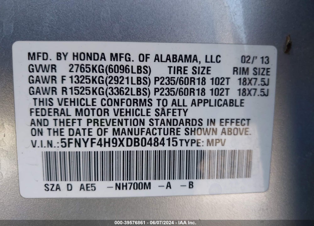 2013 HONDA PILOT TOURING VIN: 5FNYF4H9XDB048415