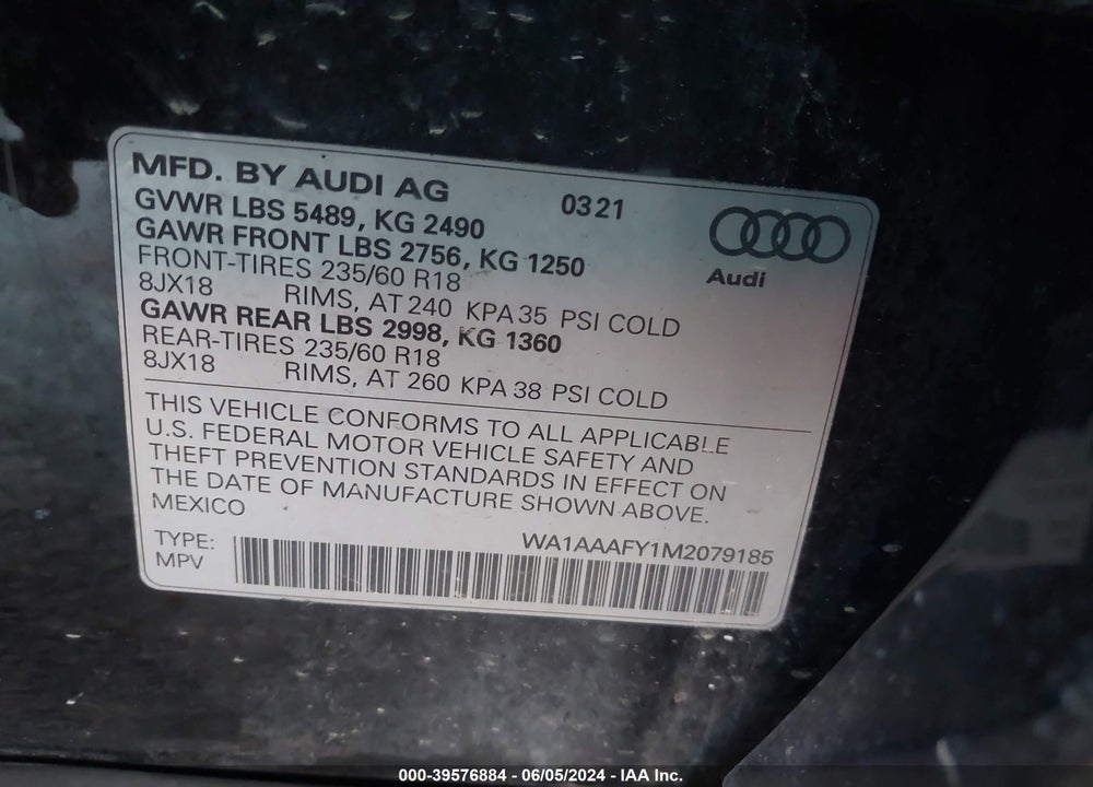 2021 AUDI Q5 PREMIUM 45 TFSI QUATTRO S TRONIC VIN: WA1AAAFY1M2079185