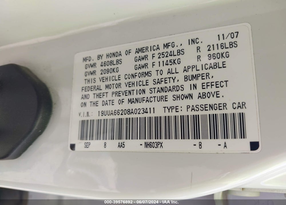 2008 ACURA TL 3.2 VIN: 19UUA66208A023411