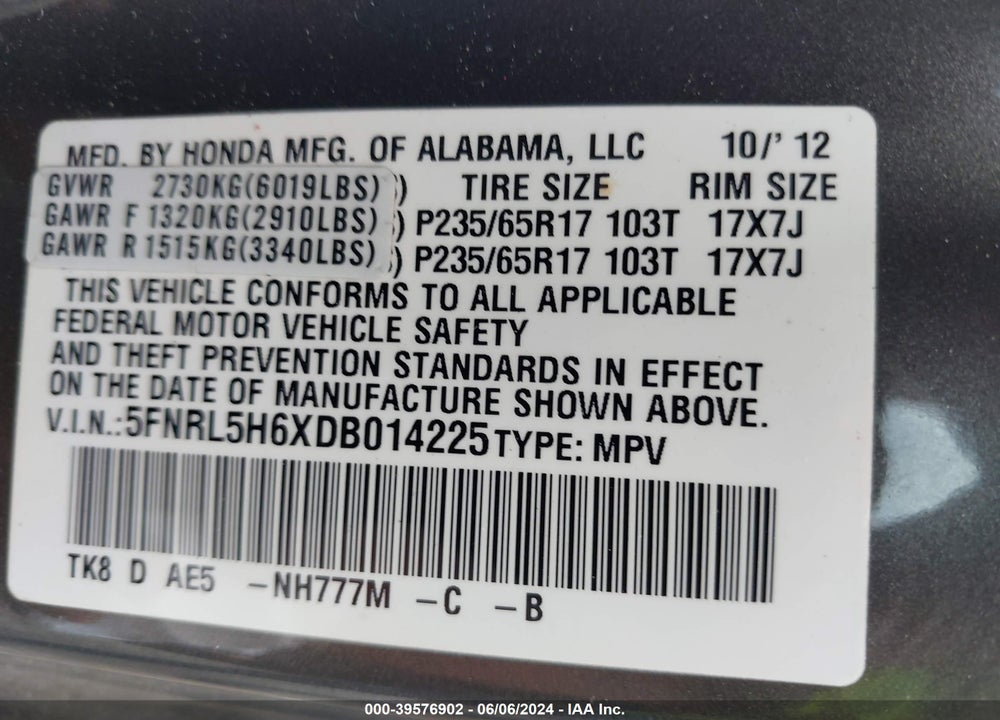 2013 HONDA ODYSSEY EX-L VIN: 5FNRL5H6XDB014225