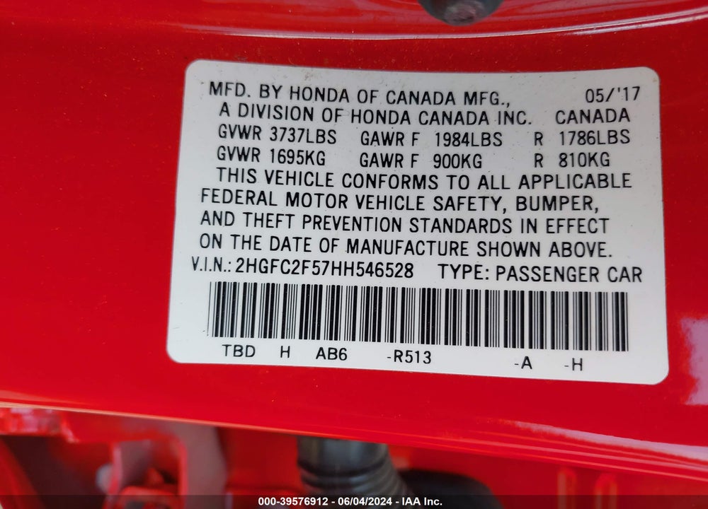 2017 HONDA CIVIC LX VIN: 2HGFC2F57HH546528
