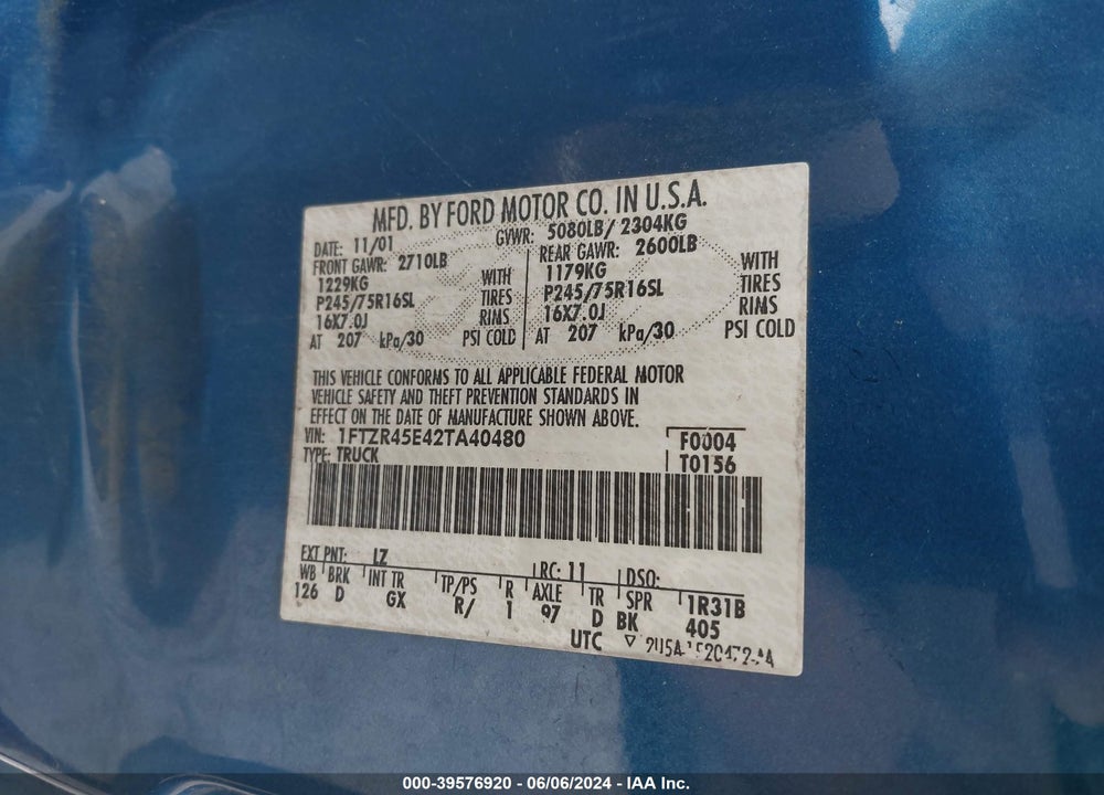 2002 FORD RANGER EDGE/XLT VIN: 1FTZR45E42TA40480