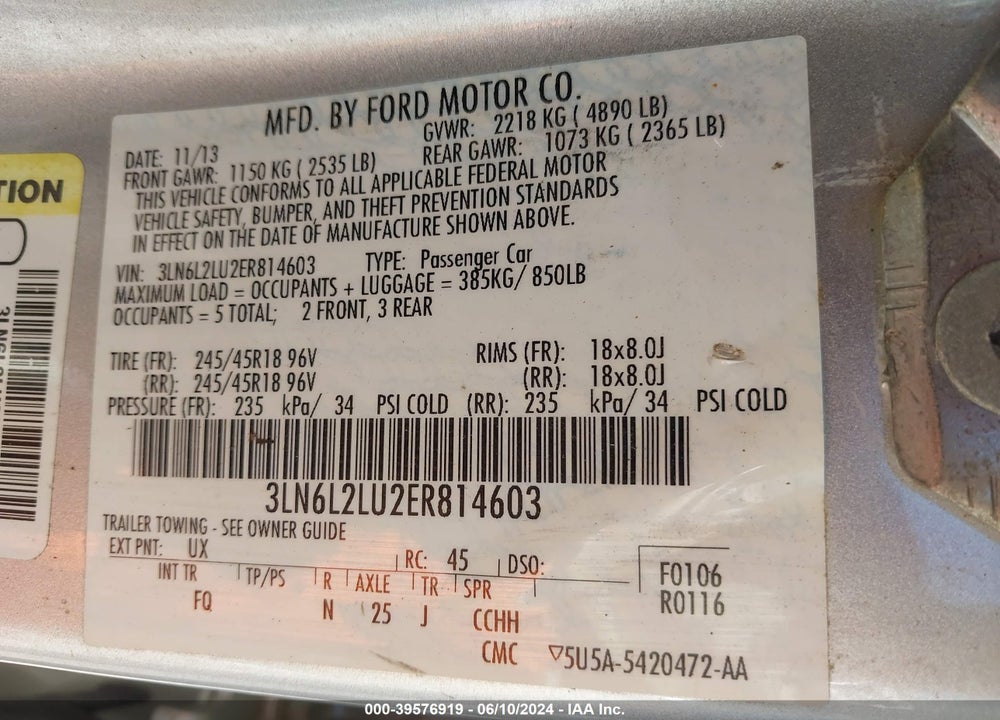 2014 LINCOLN MKZ HYBRID VIN: 3LN6L2LU2ER814603