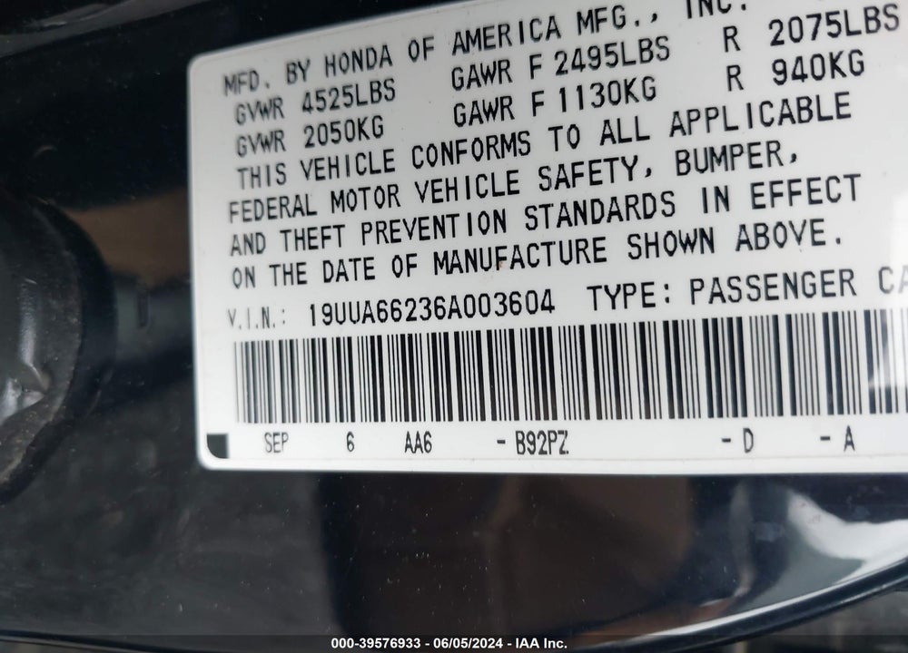 2006 ACURA TL VIN: 19UUA66236A003604