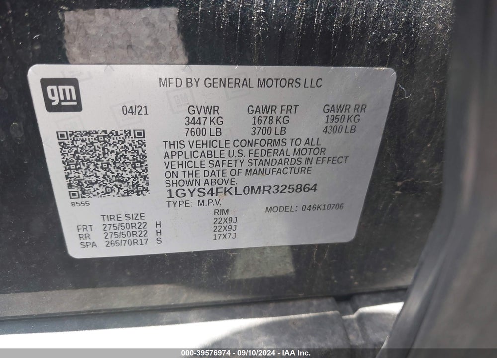 2021 CADILLAC ESCALADE 4WD SPORT VIN: 1GYS4FKL0MR325864