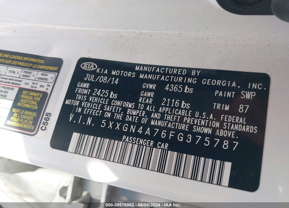2015 KIA OPTIMA EX VIN: 5XXGN4A76FG375787