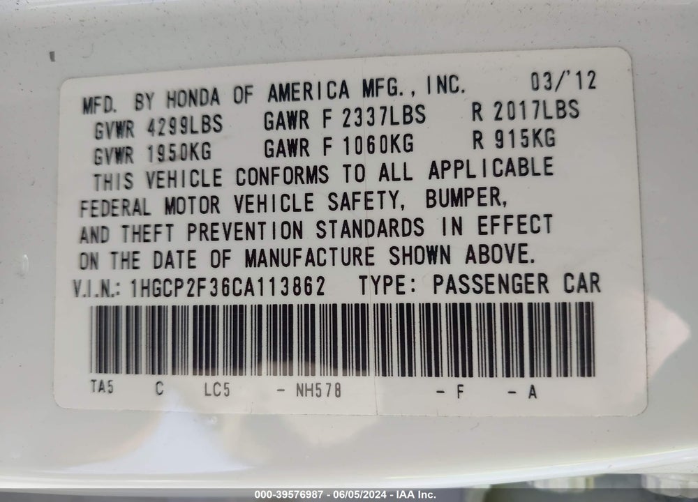 2012 HONDA ACCORD 2.4 LX VIN: 1HGCP2F36CA113862
