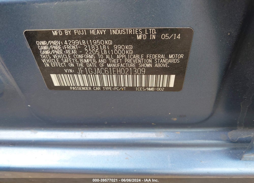 2014 SUBARU IMPREZA 2.0I PREMIUM VIN: JF1GJAC61EH021309