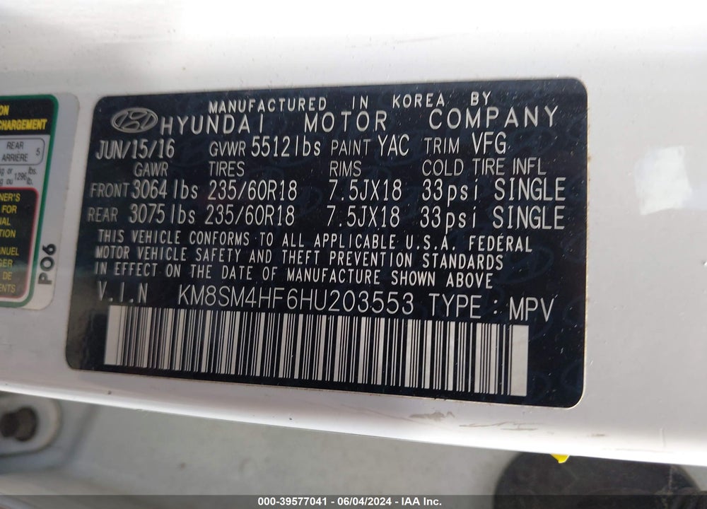 2017 HYUNDAI SANTA FE SE VIN: KM8SM4HF6HU203553
