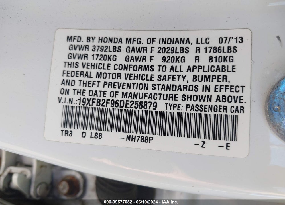 2013 HONDA CIVIC EX-L VIN: 19XFB2F96DE258879