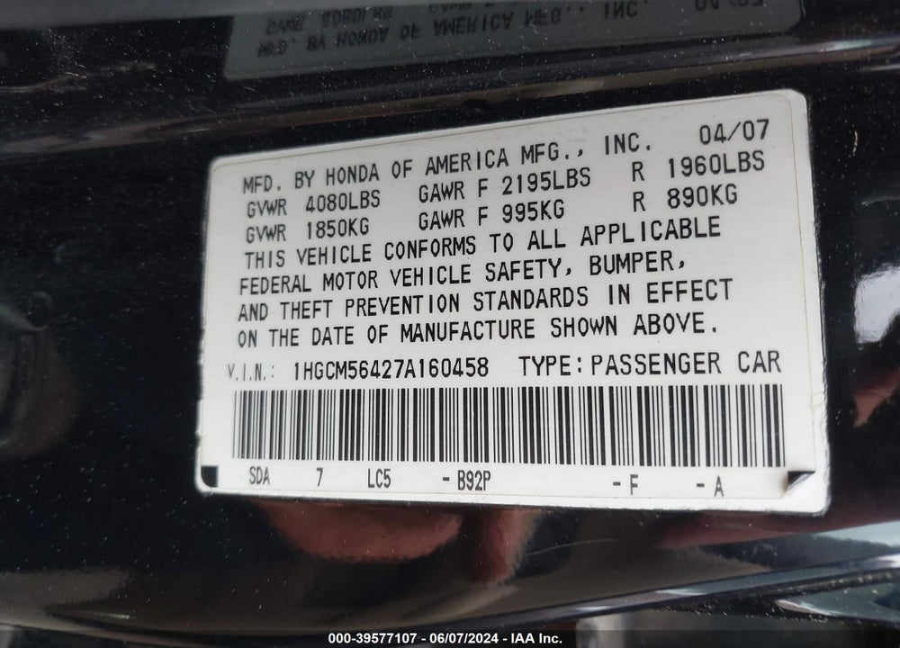 2007 HONDA ACCORD 2.4 LX VIN: 1HGCM56427A160458