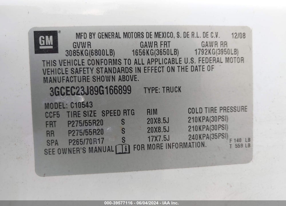 2009 CHEVROLET SILVERADO 1500 LT VIN: 3GCEC23J89G166899