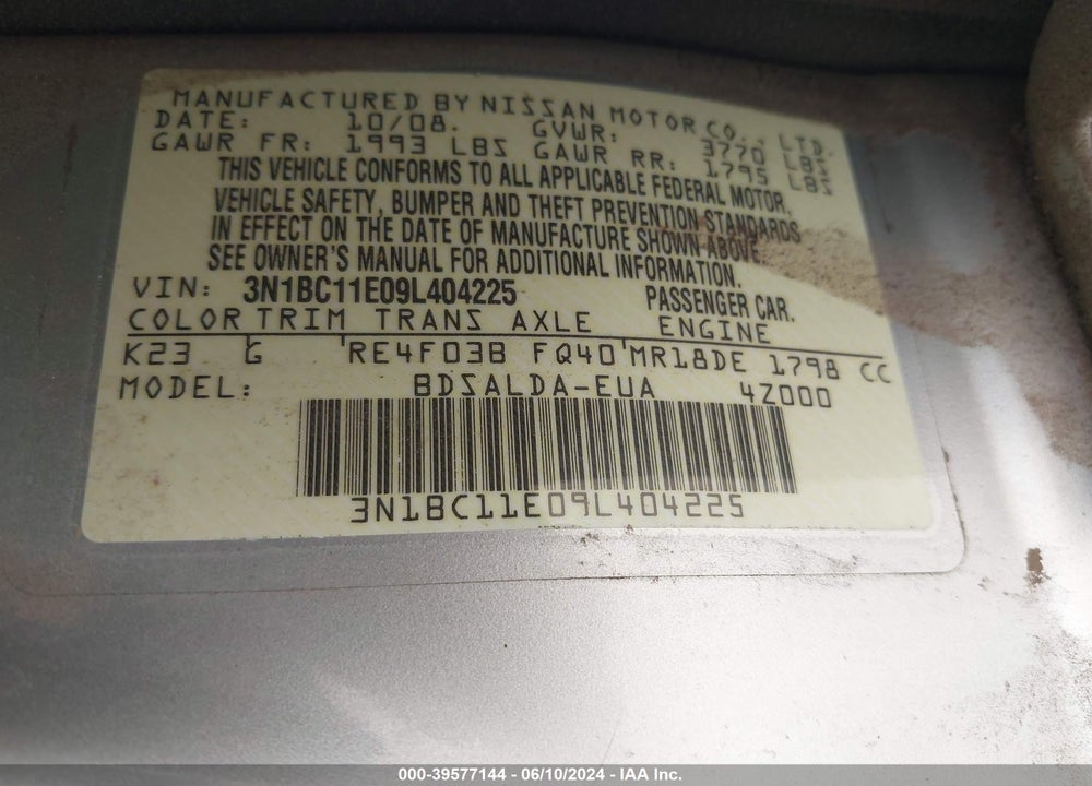 2009 NISSAN VERSA VIN: 3N1BC11E09L404225
