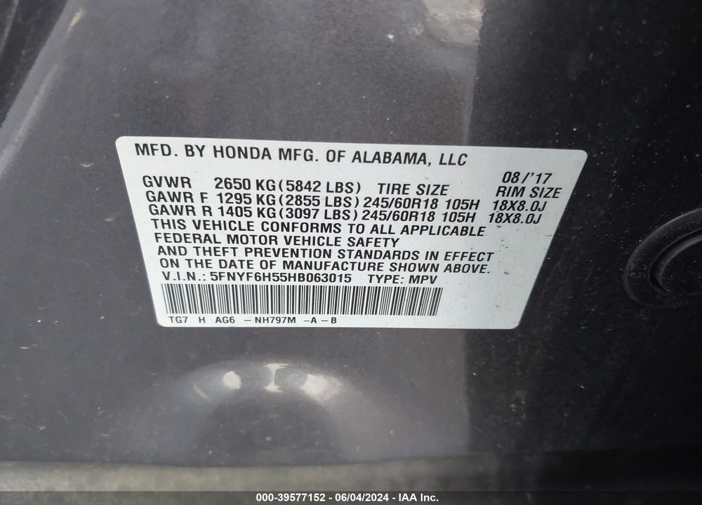 2017 HONDA PILOT EX-L VIN: 5FNYF6H55HB063015