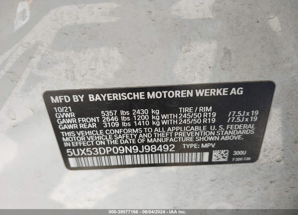 2022 BMW X3 XDRIVE30I VIN: 5UX53DP09N9J98492