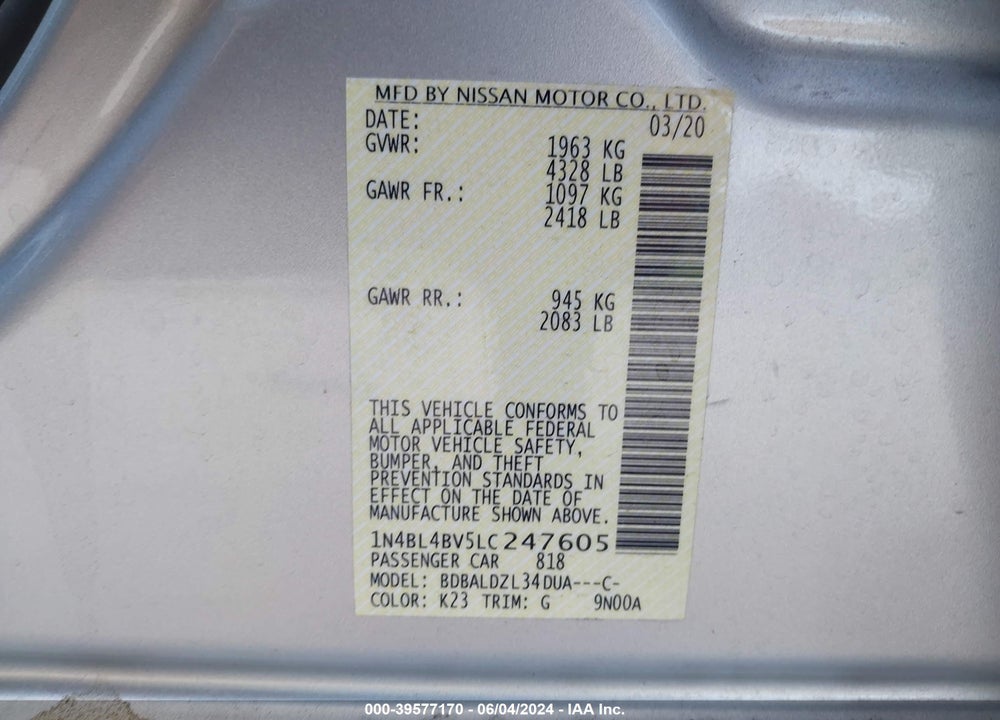 2020 NISSAN ALTIMA S FWD VIN: 1N4BL4BV5LC247605