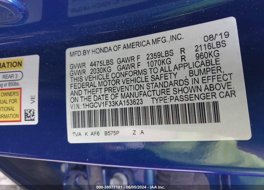 2019 HONDA ACCORD SPORT VIN: 1HGCV1F33KA153623