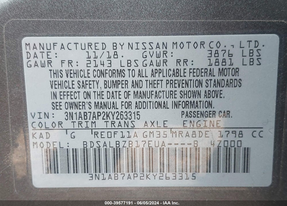 2019 NISSAN SENTRA S VIN: 3N1AB7AP2KY263315