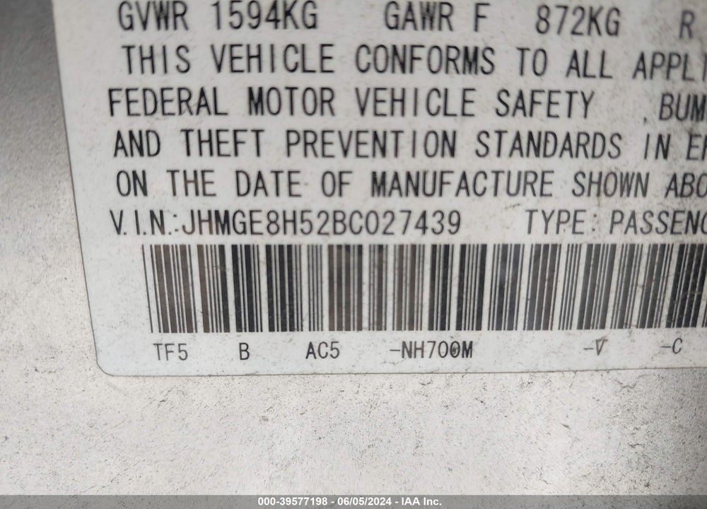 2011 HONDA FIT SPORT VIN: JHMGE8H52BC027439