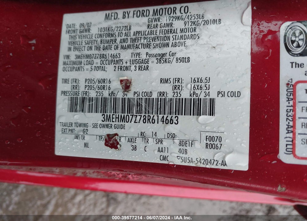 2008 MERCURY MILAN I4 VIN: 3MEHM07Z78R614663