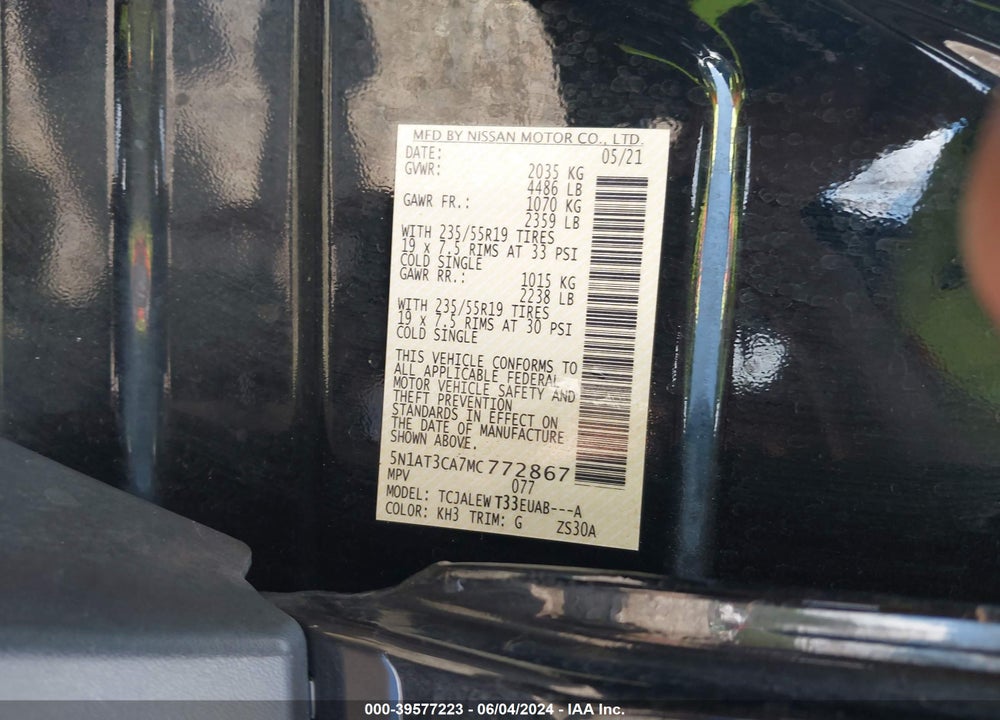 2021 NISSAN ROGUE SL FWD VIN: 5N1AT3CA7MC772867