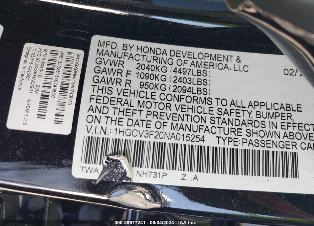 2022 HONDA ACCORD HYBRID SPORT VIN: 1HGCV3F20NA015254