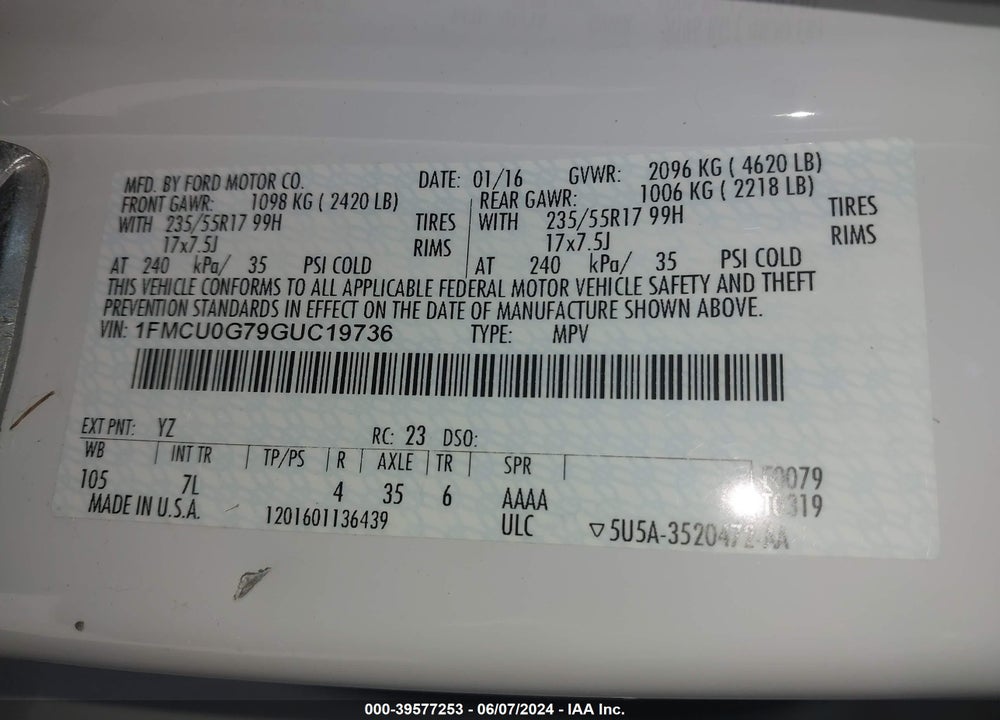 2016 FORD ESCAPE SE VIN: 1FMCU0G79GUC19736