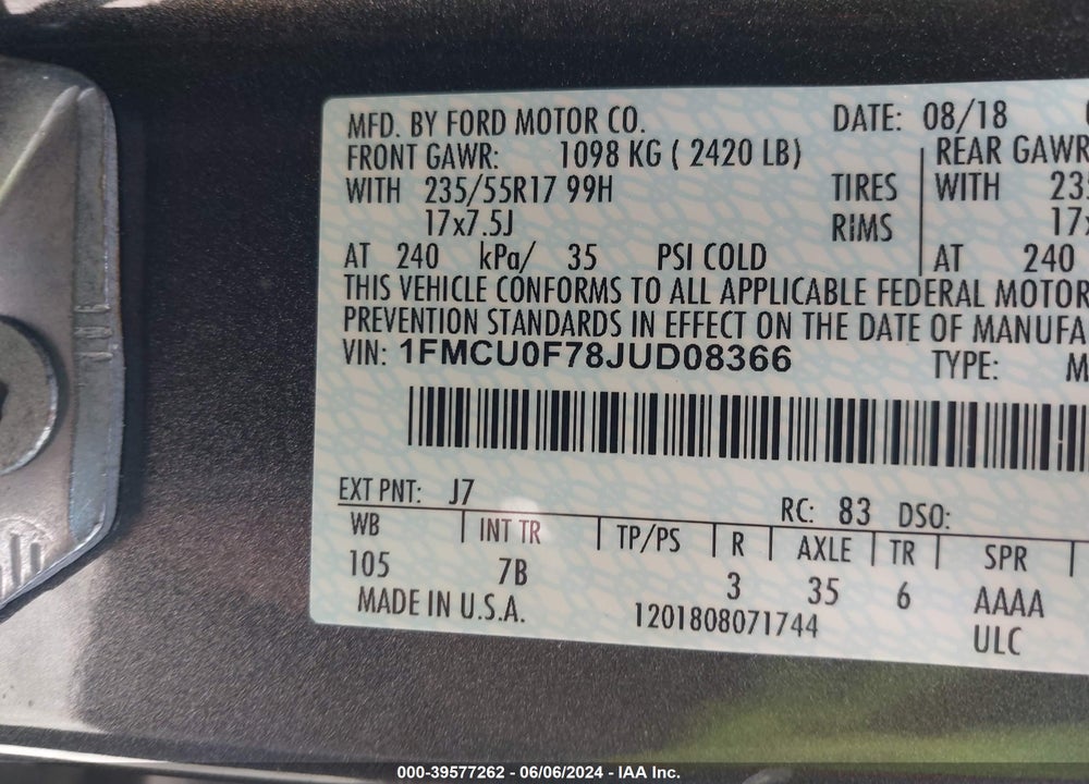 2018 FORD ESCAPE S VIN: 1FMCU0F78JUD08366