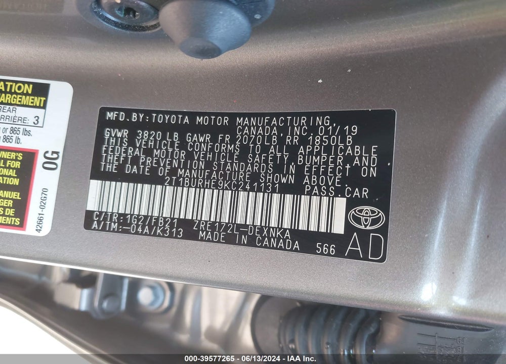 2019 TOYOTA COROLLA LE VIN: 2T1BURHE9KC241131