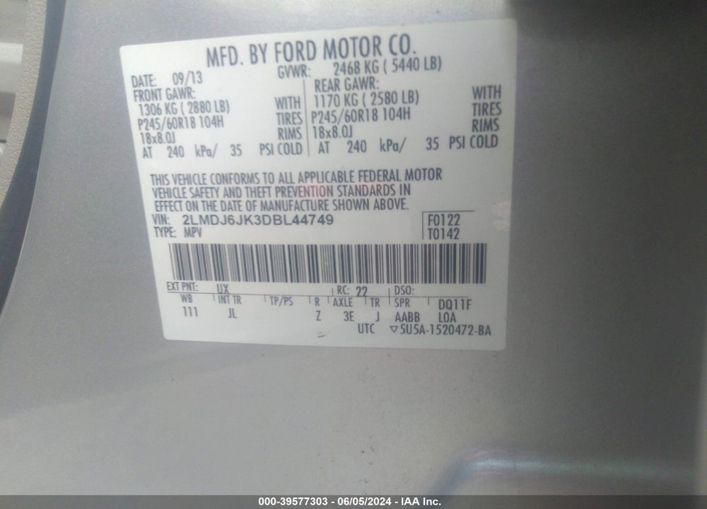 2013 LINCOLN MKX VIN: 2LMDJ6JK3DBL44749