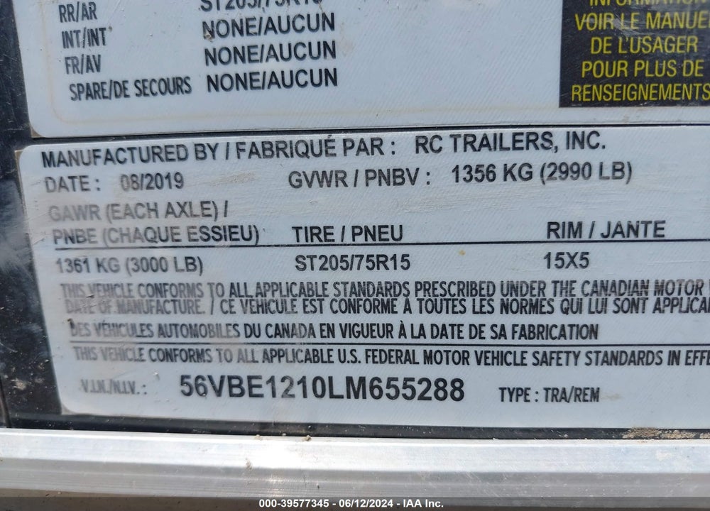 2020 RC RDLX6X12SA VIN: 56VBE1210LM655288