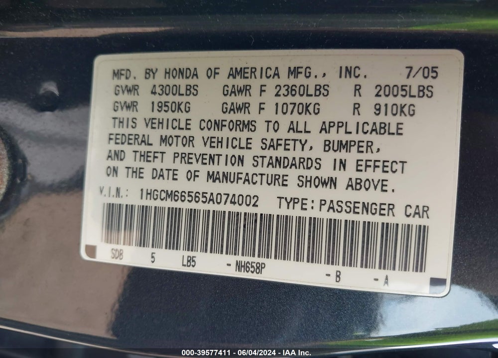 2005 HONDA ACCORD 3.0 EX VIN: 1HGCM66565A074002
